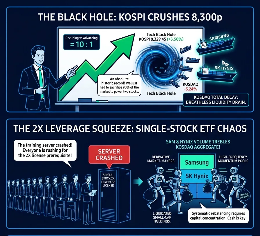 The Great Tech Black Hole: KOSPI Crushes 8,300p on Single-Stock Leveraged ETFs as KOSDAQ Suffers Brutal Breathless Liquidity Drain
