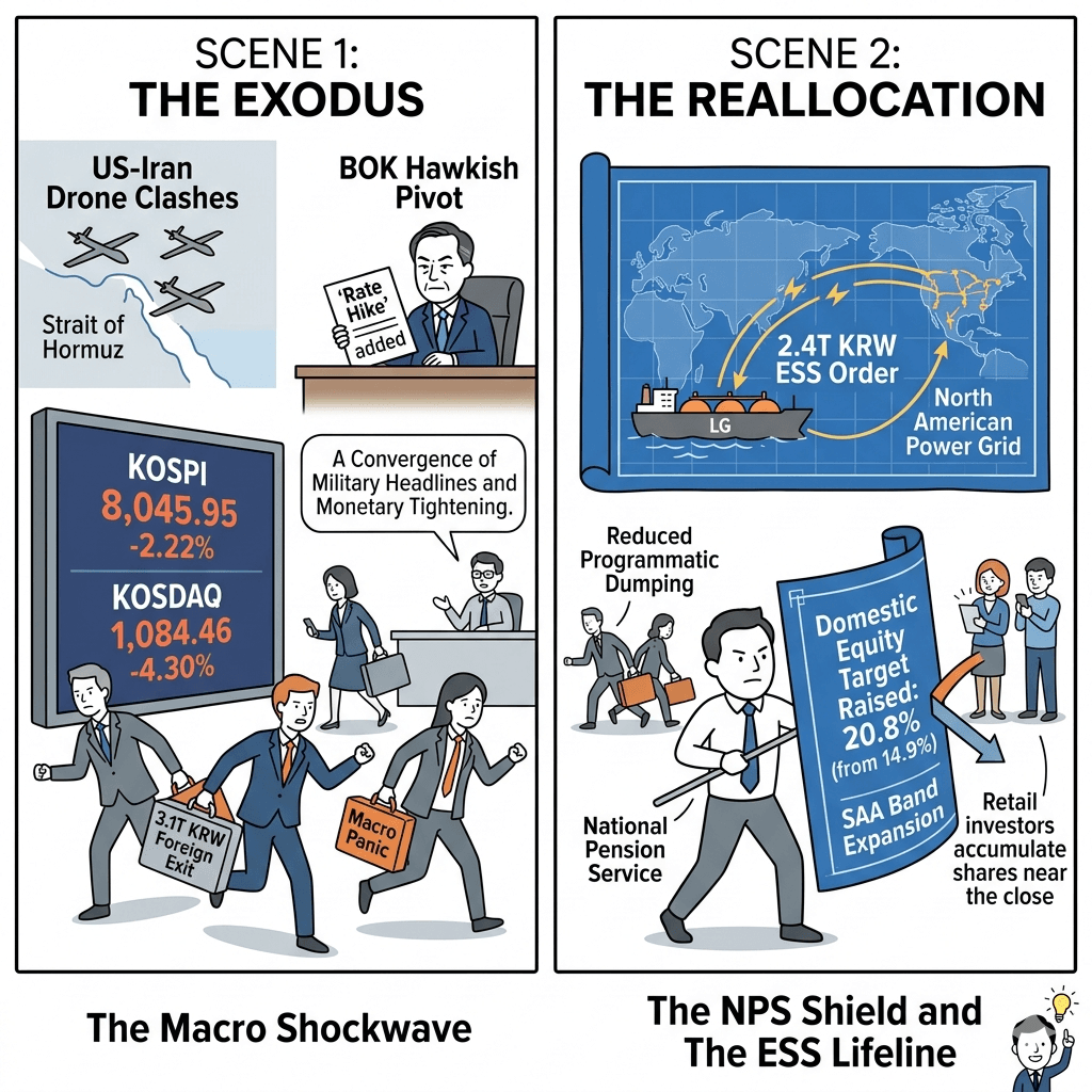 The Double Shock of Geopolitical Flashes and Rate Hikes: KOSPI Shakes on 3.1 Trillion KRW Foreign Evacuation Amid 2.4 Trillion KRW ESS Lifeline