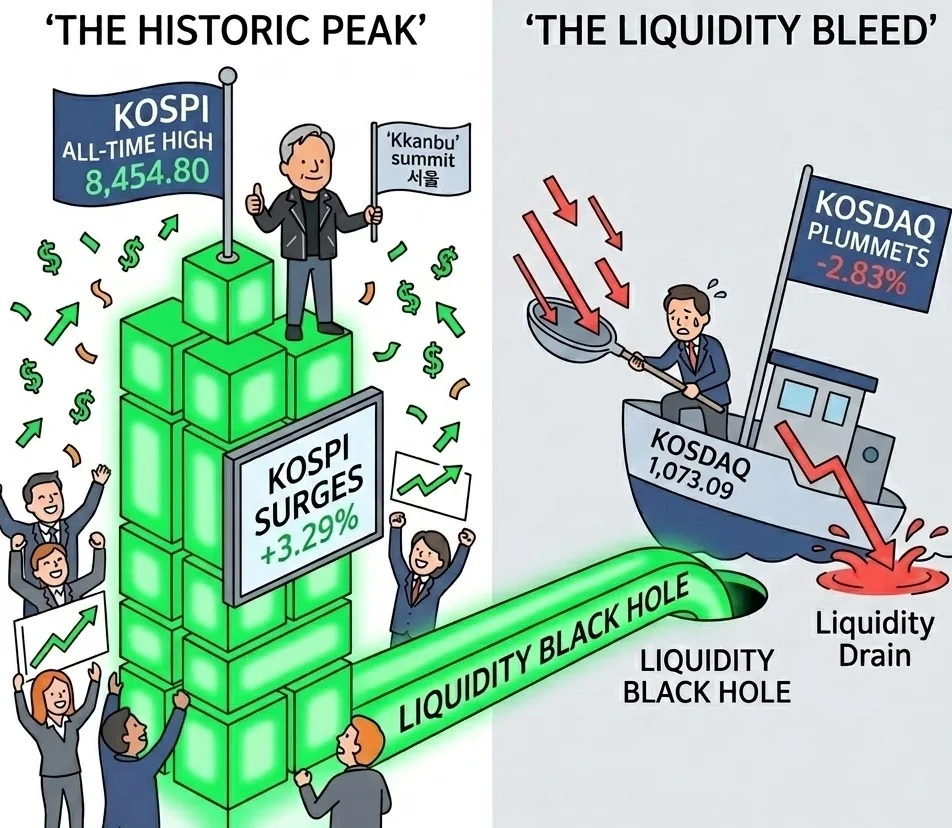 The Ultimate Bifurcation: KOSPI Hits All-Time High on Jensen Huang’s ‘Kkanbu’ Summit and MSCI Influx While KOSDAQ Bleeds